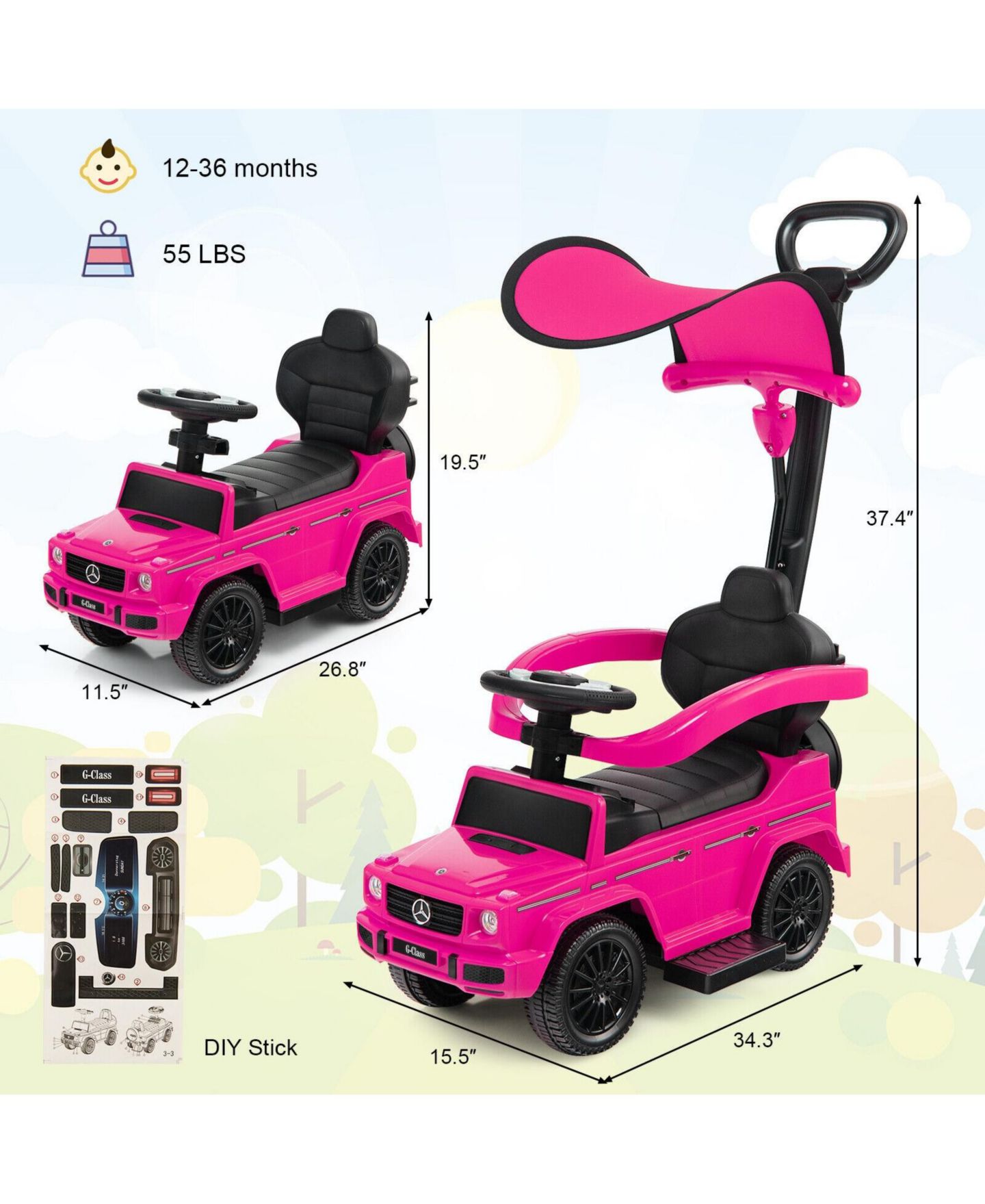 Детская игрушка SKONYON 3-in-1 Mercedes-Benz G350 Ride-On Push Car with Rotatable Canopy, Ages 12-36 Months, цвет: Розовый — фото 5