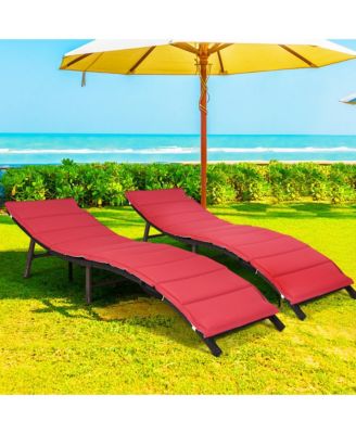 Set of 2 Folding Wicker Chaise Portable Lounge Chair w/ Double Sided Cushion