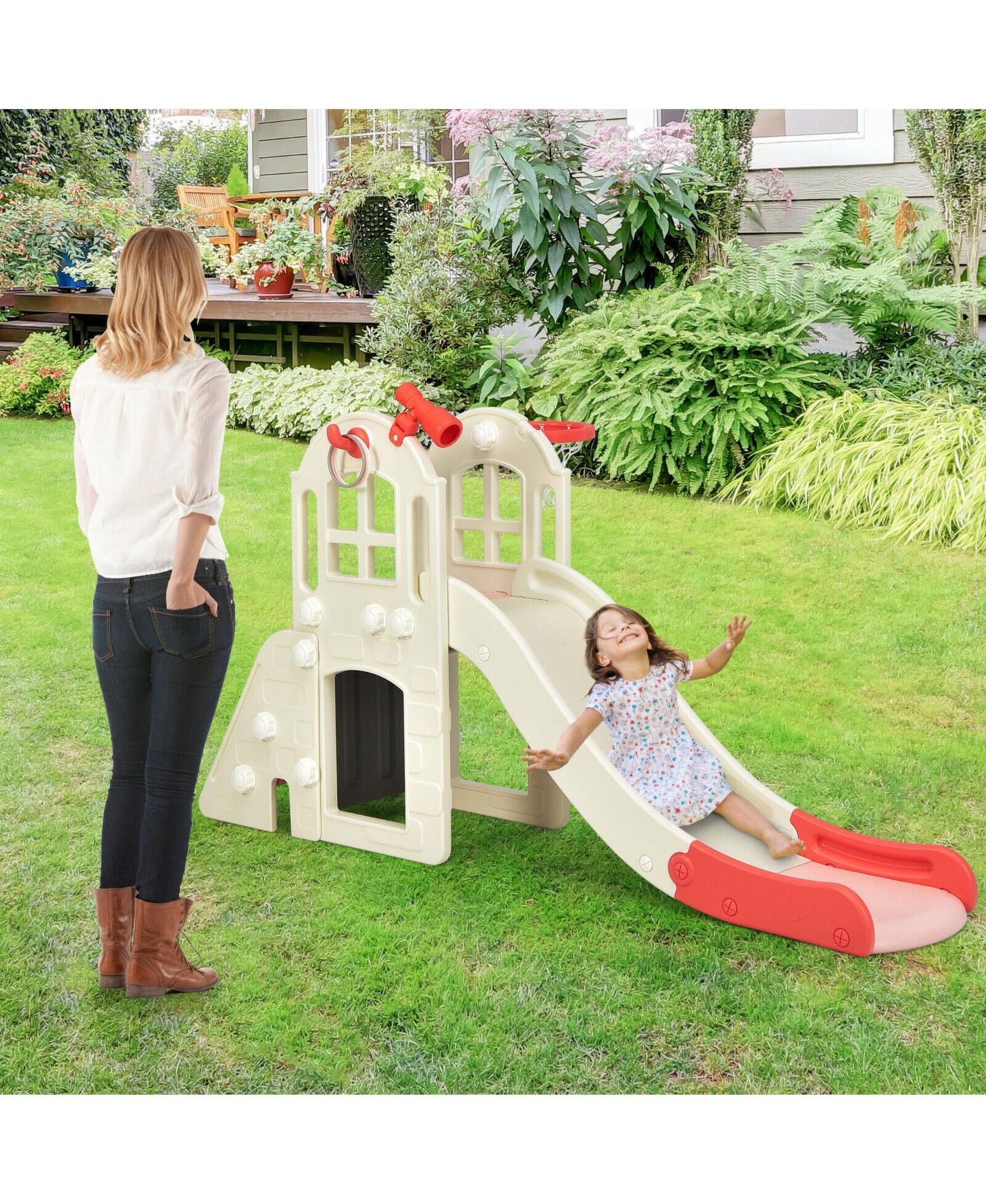 Детский игровой набор SKONYON 6-in-1 Toddler Climber Slide Playset, 75"L x 33"W x 39"H, Ages 3+, цвет: Розовый — фото 6