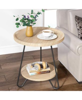 Set of 2 Round Side Table, 2-Tier End Table with Metal Legs, Modern Industrial Beside Table, Small Accent Table Snack Table for Living Room, Bedroom, Small Space
