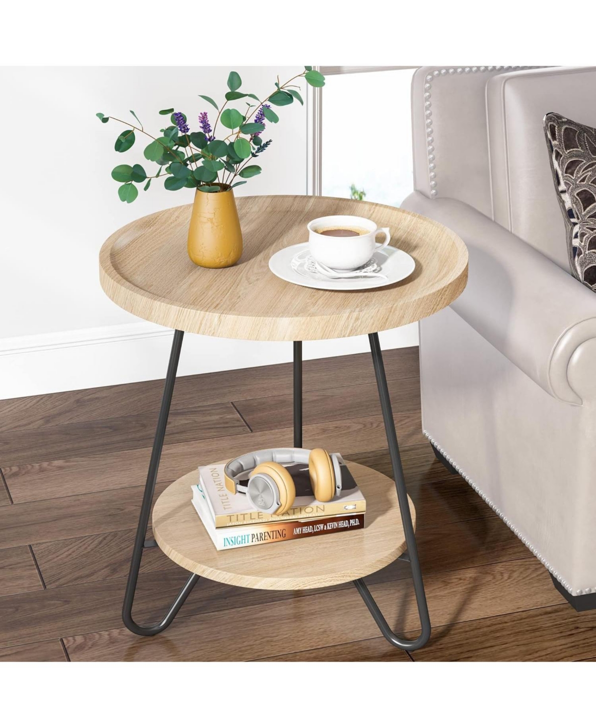 Tribesigns Set of 2 Round Side Table, 2-Tier End Table with Metal Legs, Modern Industrial Beside Table, Small Accent Table Snack Table for Living Room