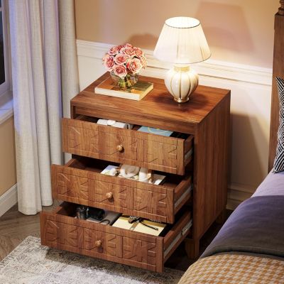 Nightstand with 3 Drawers, Farmhouse Bedside Table with Elegant Patterns, Brown