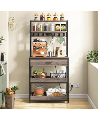 Bakers Rack with Power Outlets, 5-Tier Kitchen Storage Shelf, Microwave Oven Stand with Drawer, Kitchen Rack with 6 Hooks