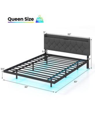 Floating Bed Frame with LED and Headboard and Charging Station