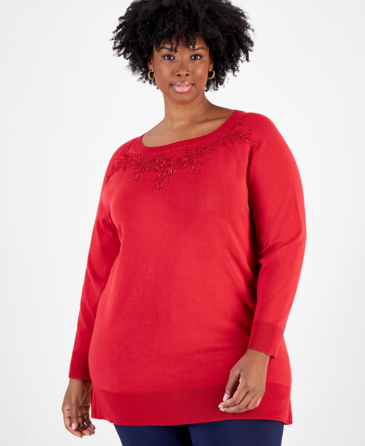 Jm Collection Plus Size Lace-Applique Sweater, Created for Macy's