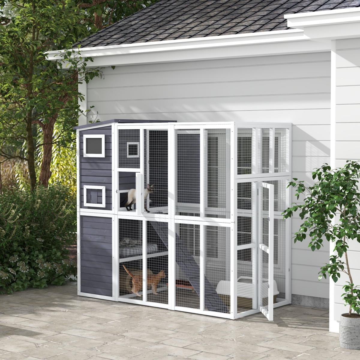 PawHut Wooden Outdoor Catio with Platforms, Asphalt Roof, Ramps, Light