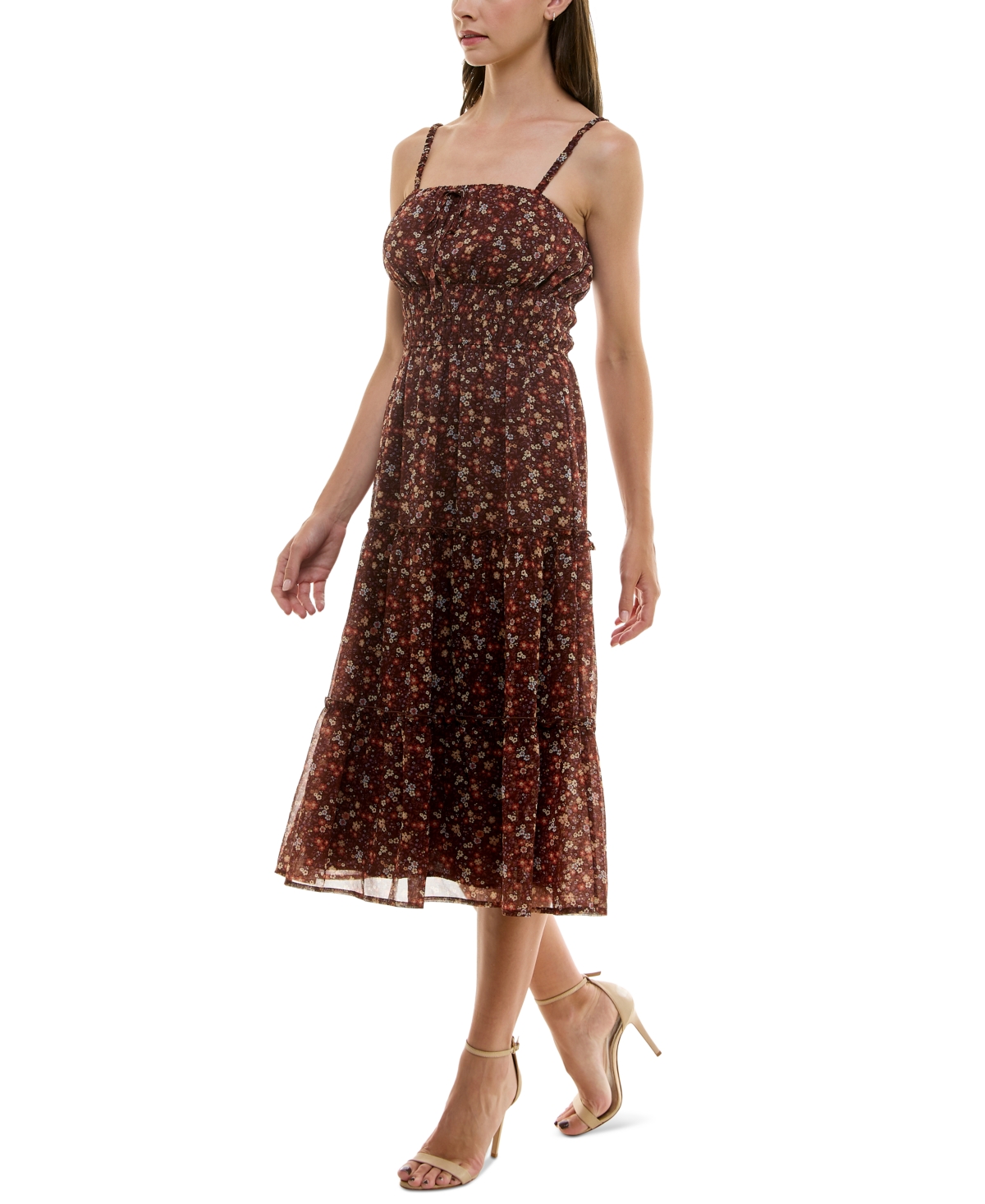 Trixxi Juniors' Cinched-waist Tiered Midi Dress In Brownflor