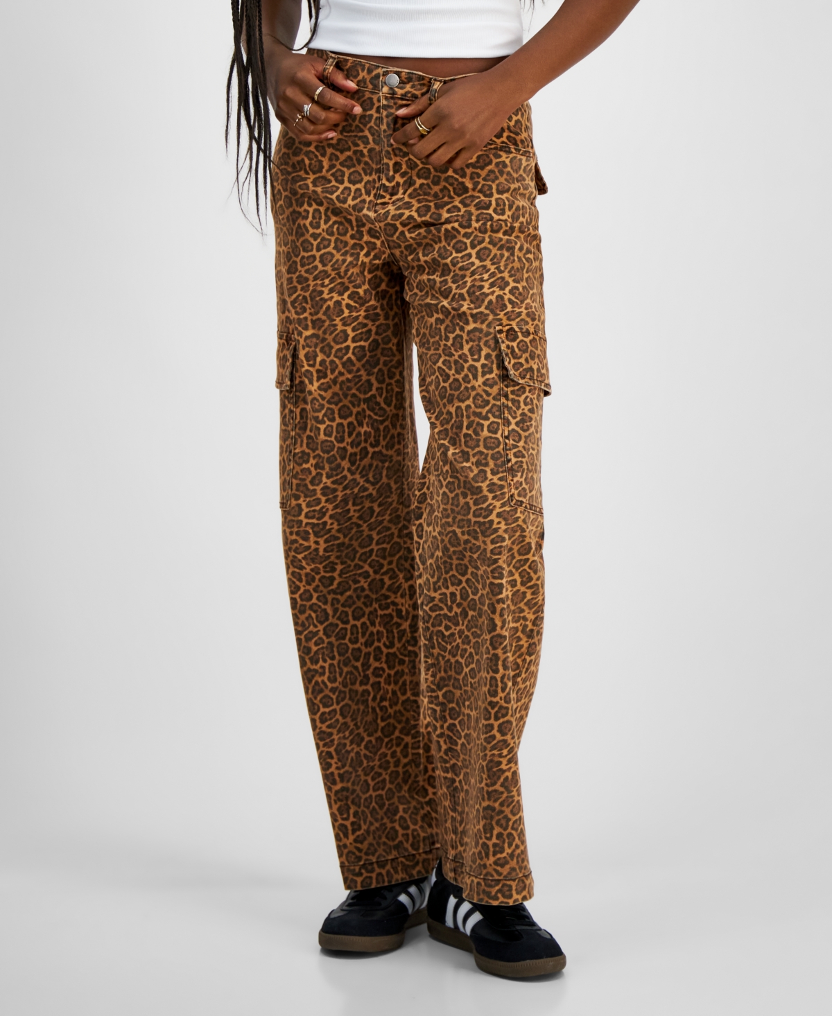 Tinseltown Juniors' Animal-Print Wide-Leg Cargo Pants