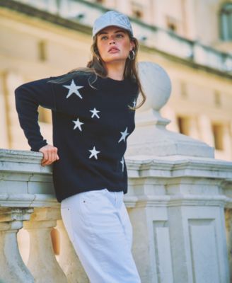 Women's Cozy Crewneck Star-Print Dropped-Shoulder Sweater