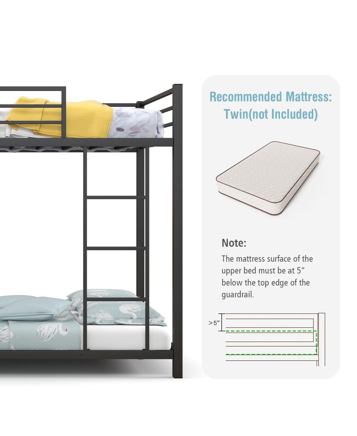 Sugift Low Profile Twin Over Twin Metal Bunk Bed with Full-length Guardrails