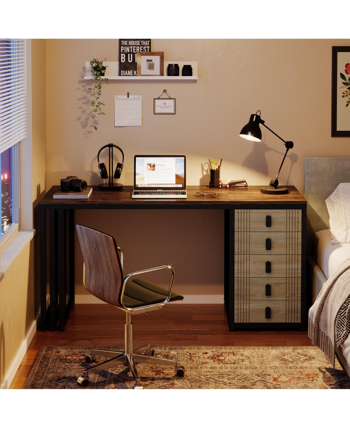 Tribesigns Computer Desk with 5 Drawers, Home Office Desk with Reversible Drawer, Industrial Study Work Writing Desk with Storage, Simple Wood Lap
