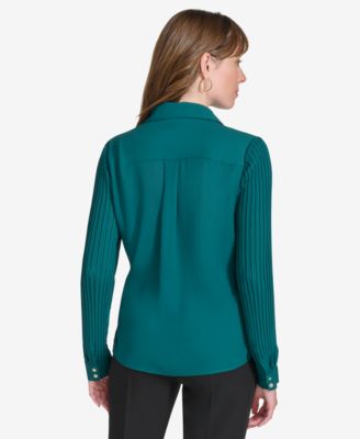 Women's Pleated Long Sleeve Button Down