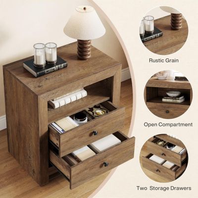 Nightstands Set of 2 Wood Farmhouse Night Stand with 2 Storage Drawers, Rustic End Side Table