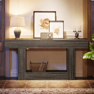 63" Console Table, Farmhouse 2-Tier Entryway Table with U-Shaped Base, Narrow Long Wood Sofa Table Behind Couch Table