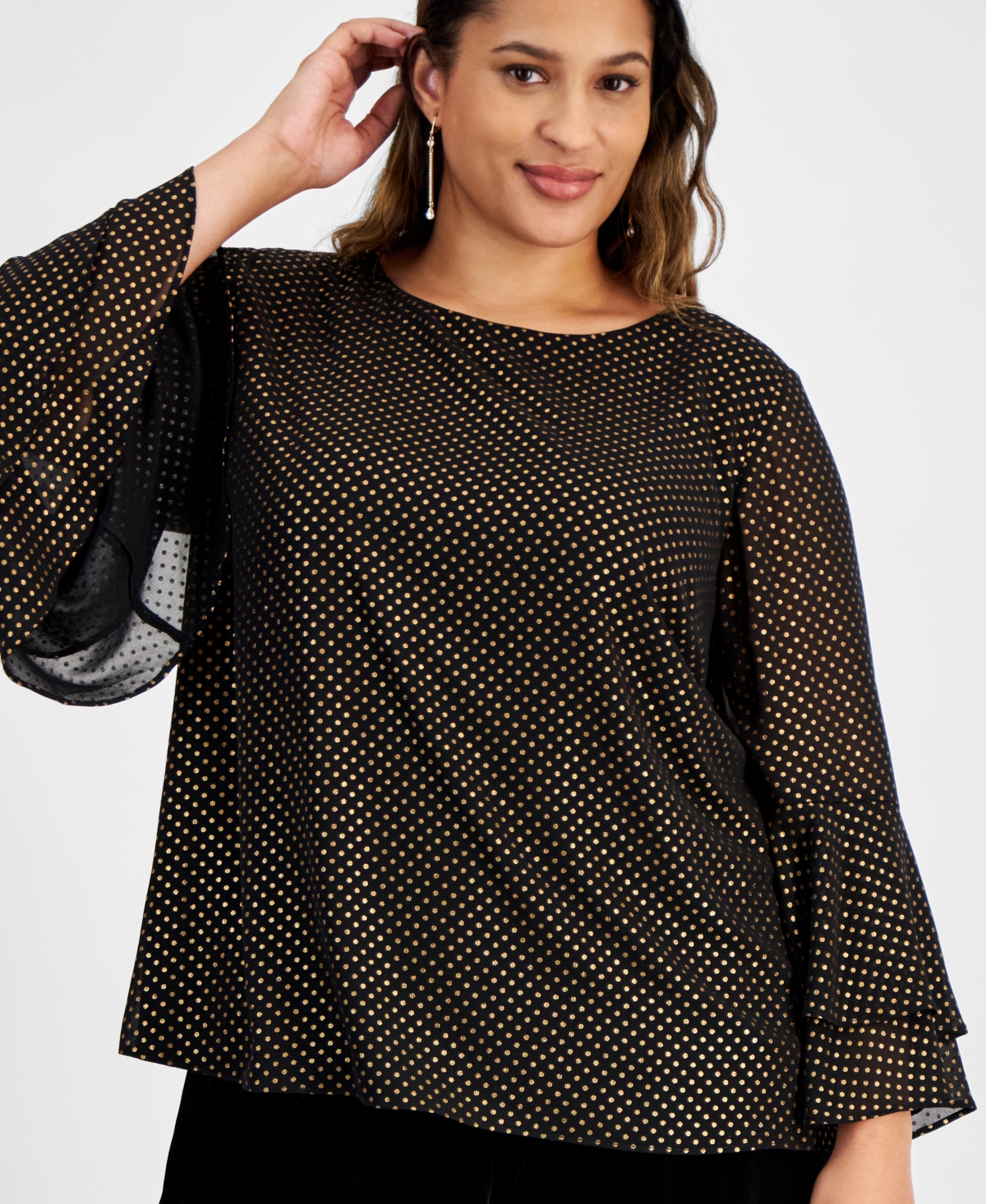 Kasper Plus Size Metallic Dot Bell-Sleeve Scoop-Neck Top -gold