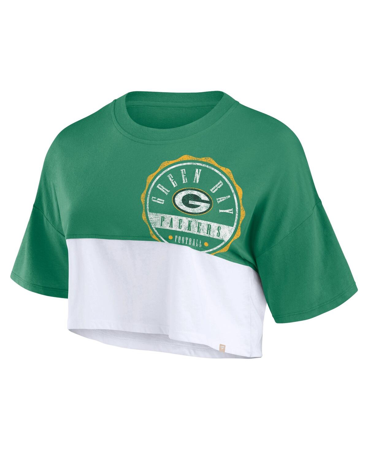 Fanatics Women's Green/white Green Bay Packers Boxy Color Split Cropped T-shirt In Green,white