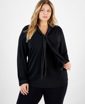 Anne Klein - Plus Size Long-Sleeve Scarf-Neck Top