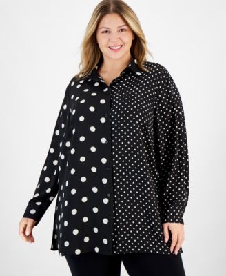 Anne Klein - Plus Size Mixed Dot-Print Long-Sleeve Blouse