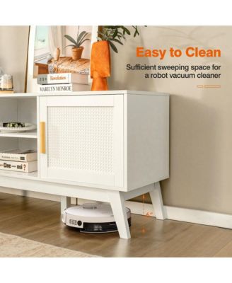 TV Stand Entertainment Media Console w/ 2 Rattan Cabinets & Open Shelves