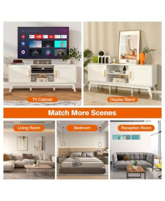 TV Stand Entertainment Media Console w/ 2 Rattan Cabinets & Open Shelves