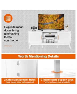 TV Stand Entertainment Media Console w/ 2 Rattan Cabinets & Open Shelves