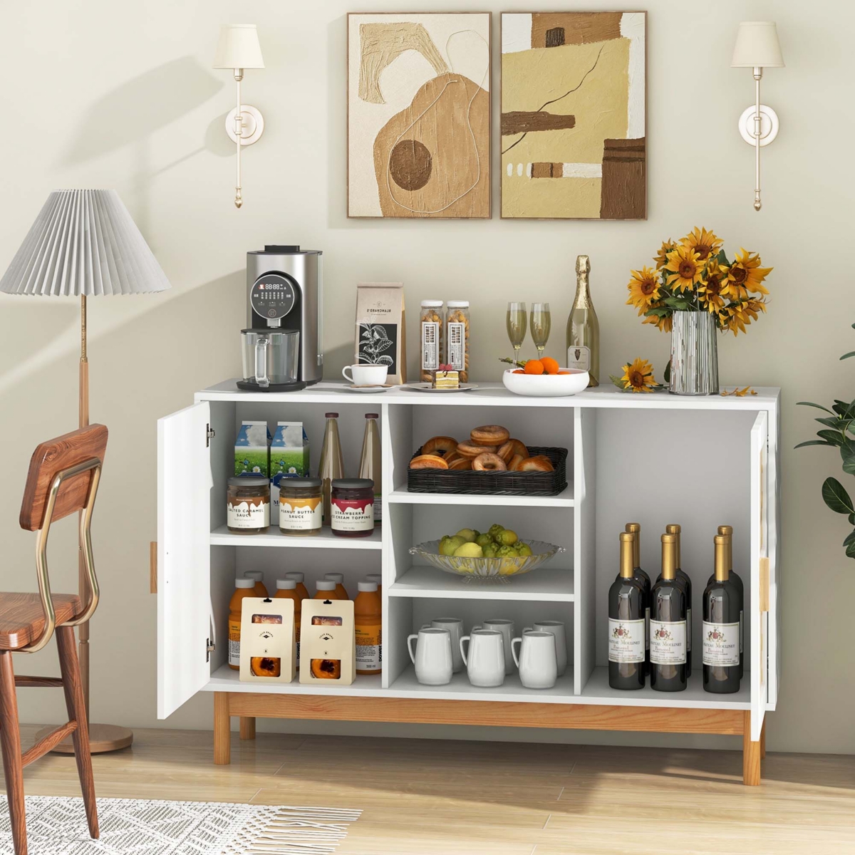 Costway Sideboard Buffet Cabinet with 2 Bamboo Woven Doors 3 Open Shelves for Kitchen