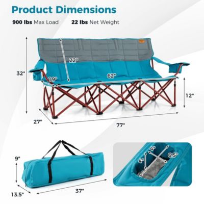3 Person Folding Camping Chair Heavy-Duty Camp Couch with 2 Cup Holders Padding