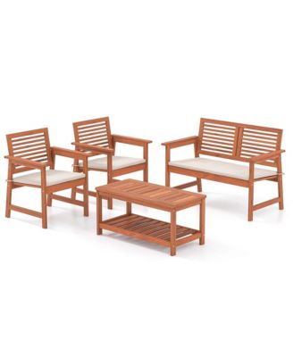 4 PCS Patio Conversation Set with Soft Seat Cushions 2-Tier Rectangle Coffee Table