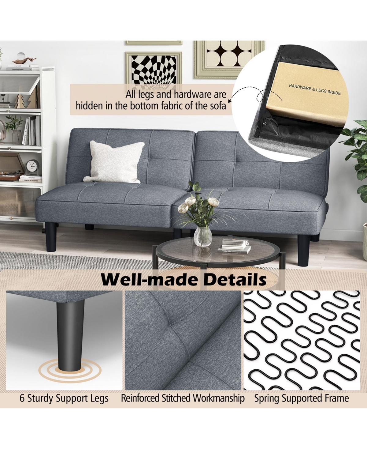 Convertible Folding Futon Sofa Bed with 6-Position Adjustable Backrest Cushion