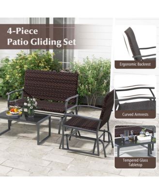 4 Piece Patio Gliding Set with Tempered Glass Coffee Table Quick Dry Foam Poolside