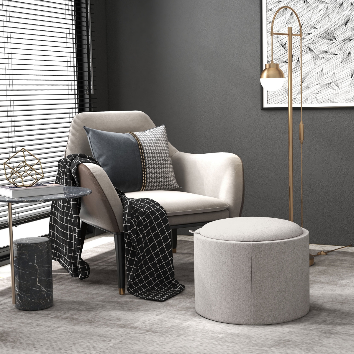 Homcom Round Storage Ottoman Coffee Table with Flip Top Tray, Gray