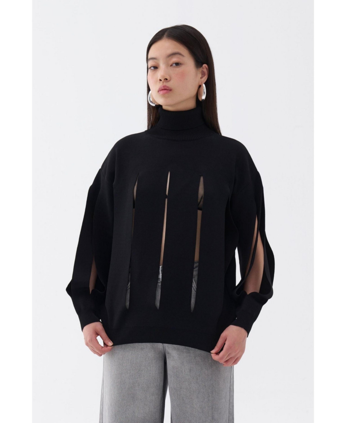 Women's Knitted Sweater with Cut-Out Detail - Black