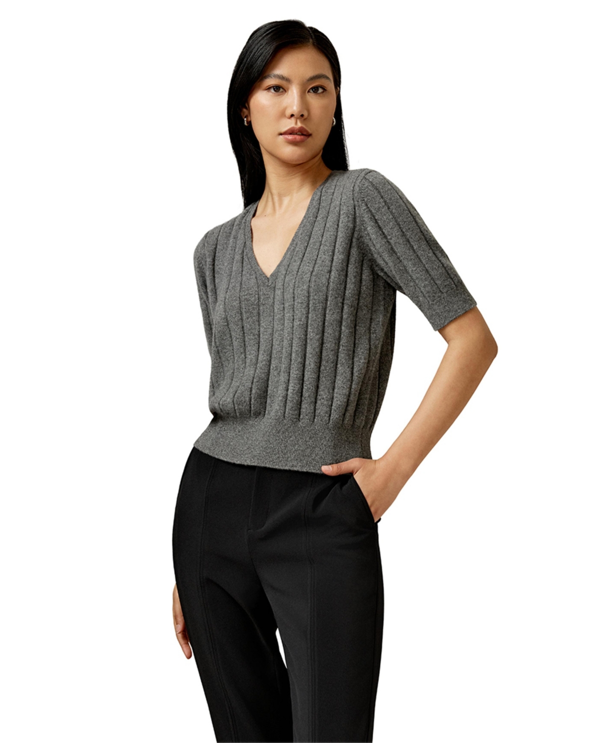 V-Neck Cashmere T-shirt for Women - Medium gray
