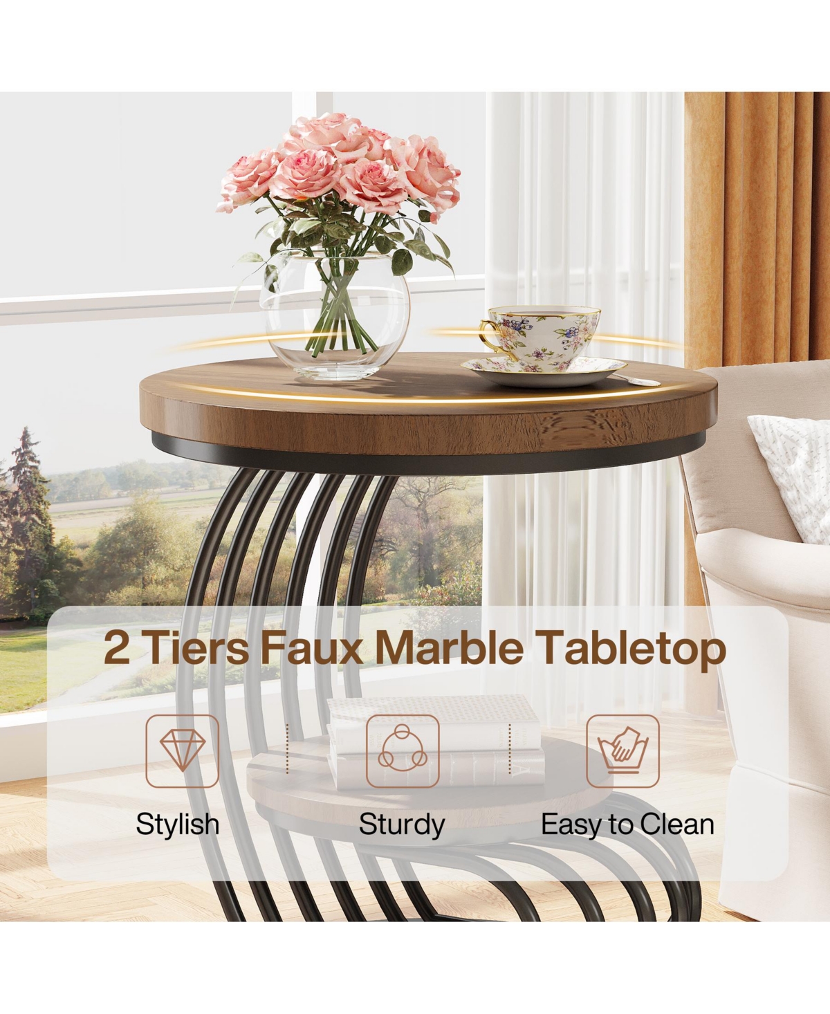 Tribesigns Round End Side Table: 2 Tiers Side Table Set of 2, Vintage End Table for Living Room, Bedside Table Accent Table with Arc-Shaped Fram