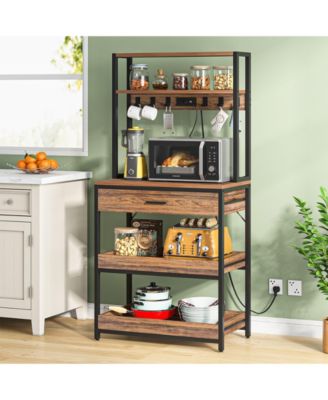 Bakers Rack with Power Outlets, 5-Tier Kitchen Storage Shelf, Microwave Oven Stand with Drawer, Kitchen Rack with 6 Hooks