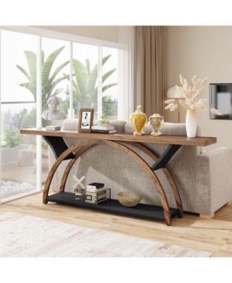 Wood 70.87-Inch Console Table with Storage Shelf and Half Moon Frame