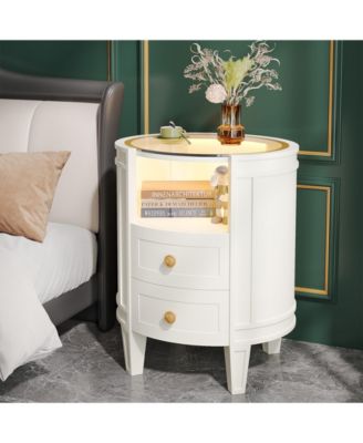 2-Drawer Nightstand with Glass Tabletop, Modern White Oval LED Nightstands, No Assembly Required, Oval Round Night Stand Side Table for Bedroom