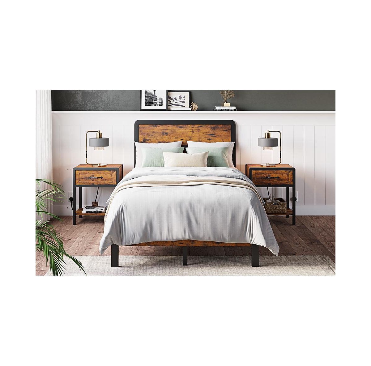 gaomon Metal Bed Frame with Rustic Vintage Wood Headboard, Platform Bed Frame Mattress Foundation with Safe Rounded Corners & Strong Metal Slats Suppo