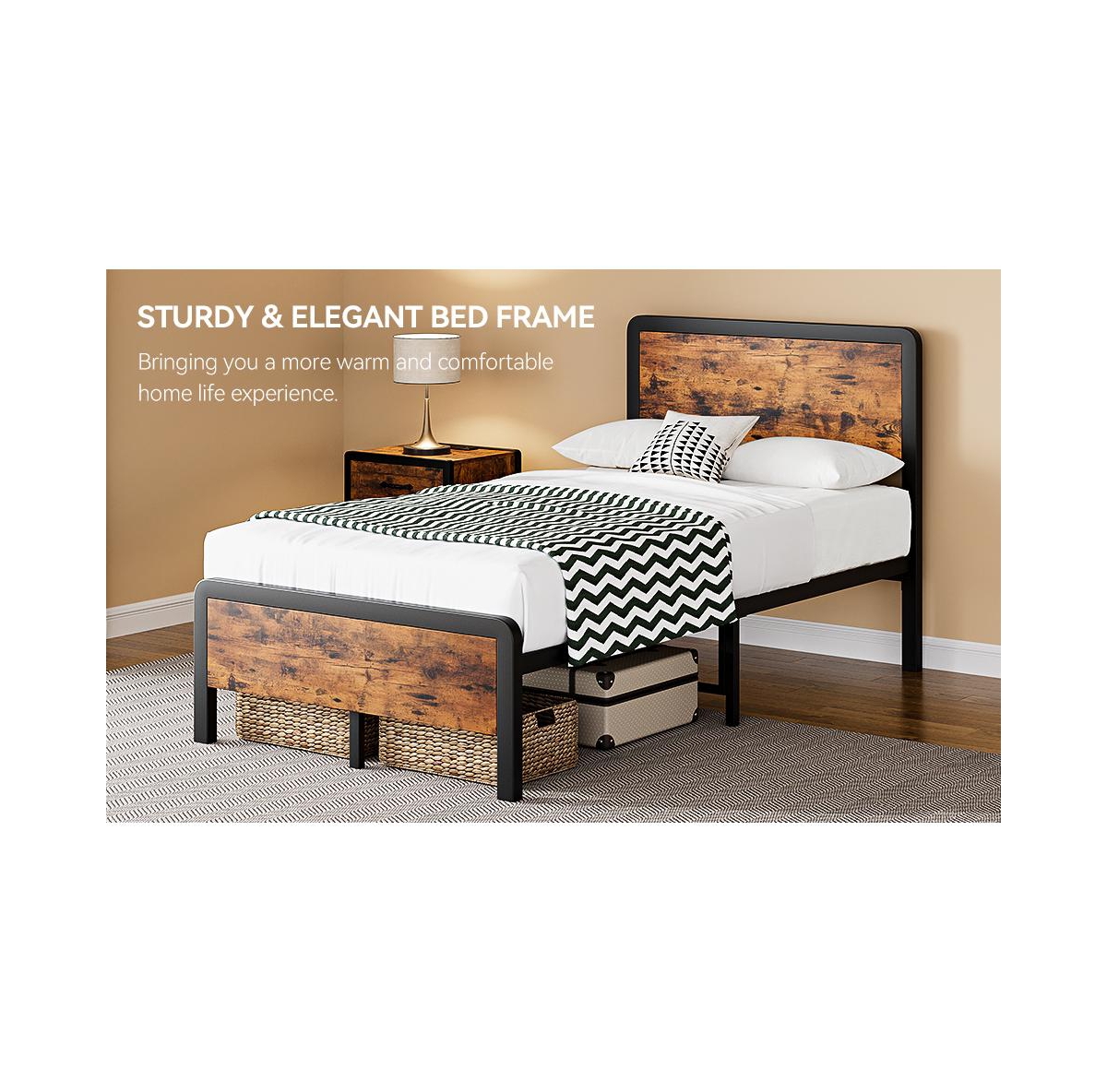 gaomon Metal Bed Frame with Rustic Vintage Wood Headboard, Platform Bed Frame Mattress Foundation with Safe Rounded Corners & Strong Metal Slats Suppo