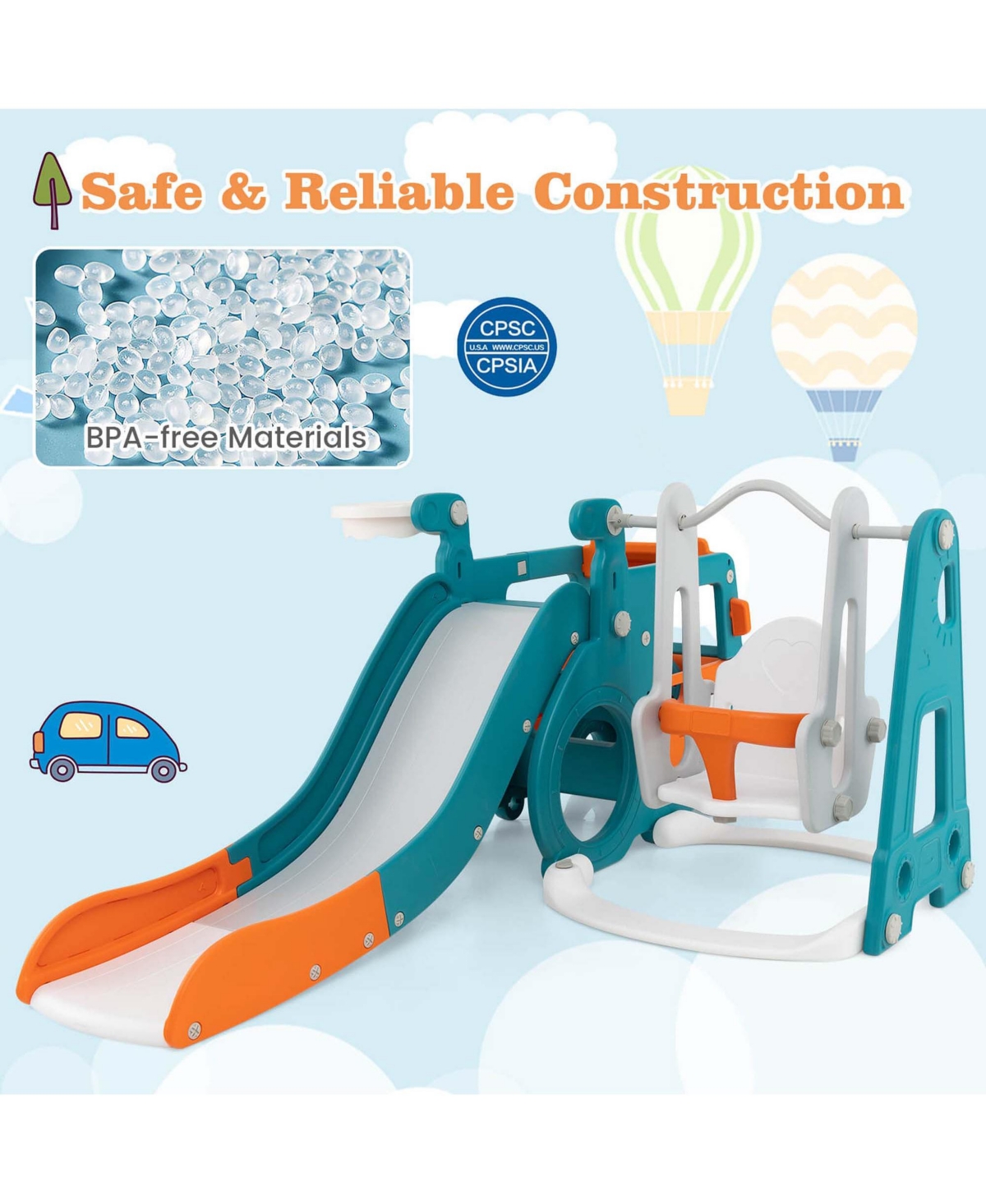 Costway 5-in-1 Toddler Slide Set with Basketball Hoop and Swing Baby Slide Playset Indoor