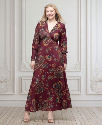Women's Wine Paisley Print Sleeve A Line Maxi Dress