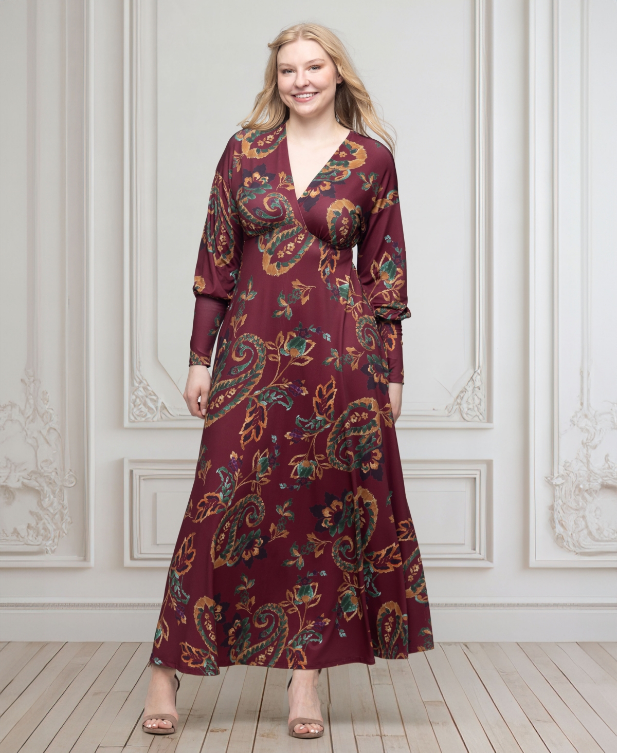 Shop 24seven Comfort Apparel Women's Wine Paisley Print Sleeve A Line Maxi Dress In Wine Multi