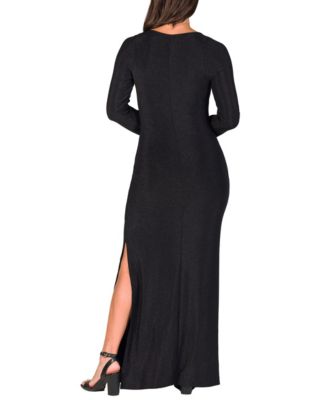 Women's Fitted Long Sleeve Shimmery Side Slit Maxi Dress
