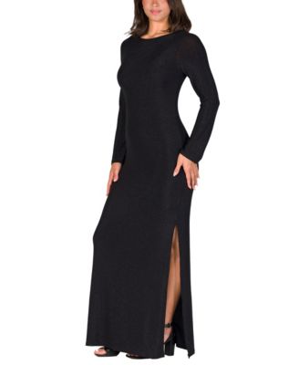 Women's Fitted Long Sleeve Shimmery Side Slit Maxi Dress