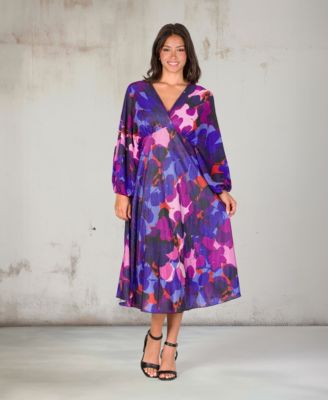 Women's Pleated V Neck Empire Waist Midi Dress