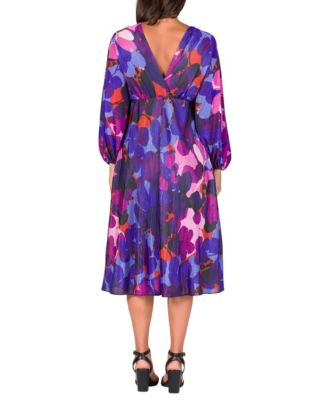 Women's Pleated V Neck Empire Waist Midi Dress