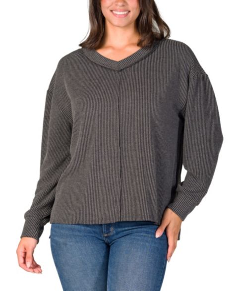 Женский свитер 24seven Comfort Apparel Relaxed Fit Ribbed Knit V Neck Sweater Top, цвет: Чёрный