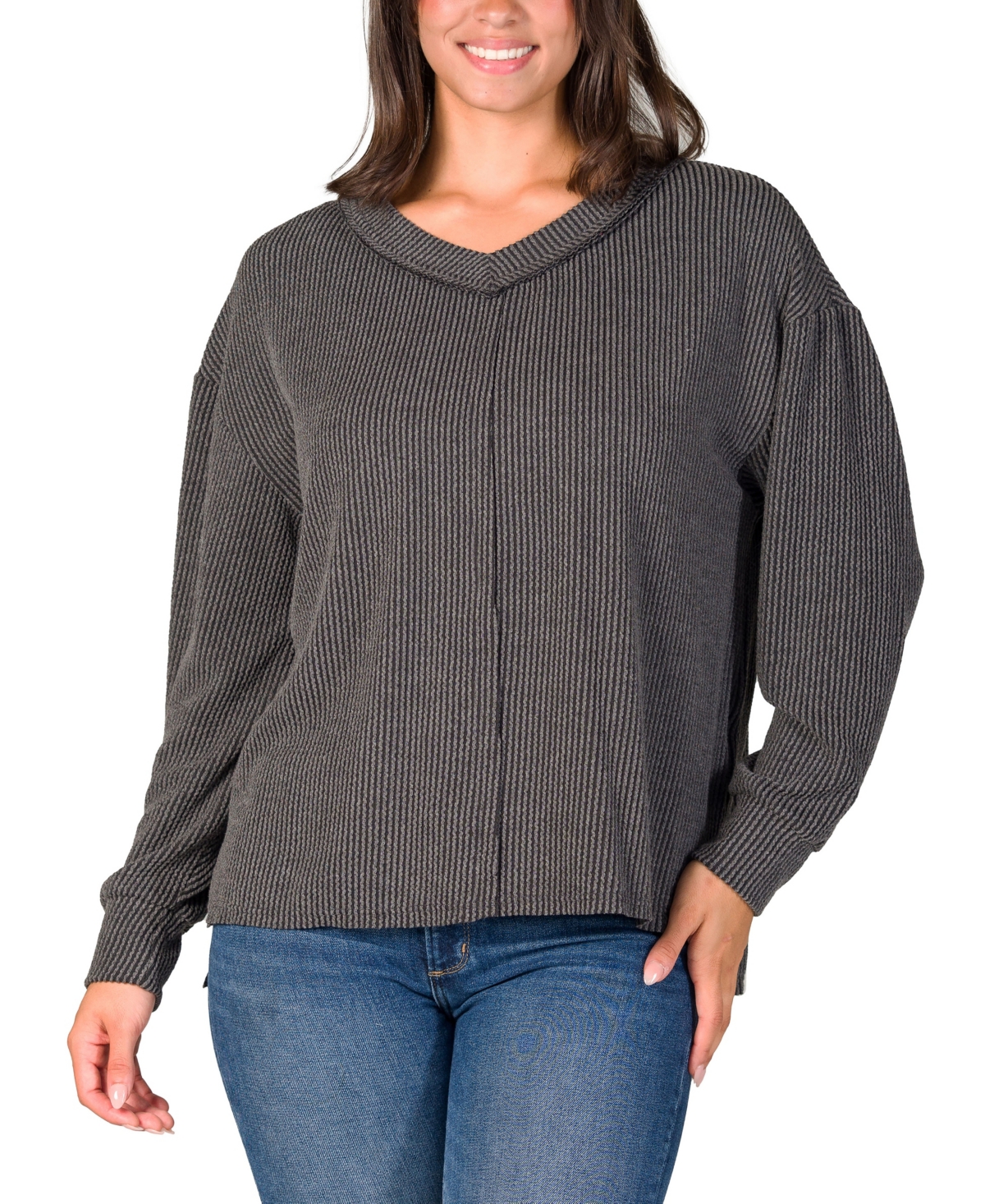 24seven Comfort Apparel Women's Relaxed Fit Ribbed Knit V Neck Sweater Top - Black