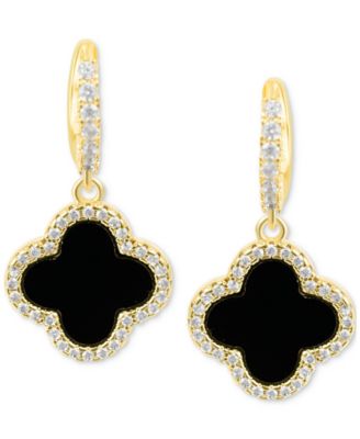 Gold Crystal Halo Colored Clover Dangle Huggie Earrings