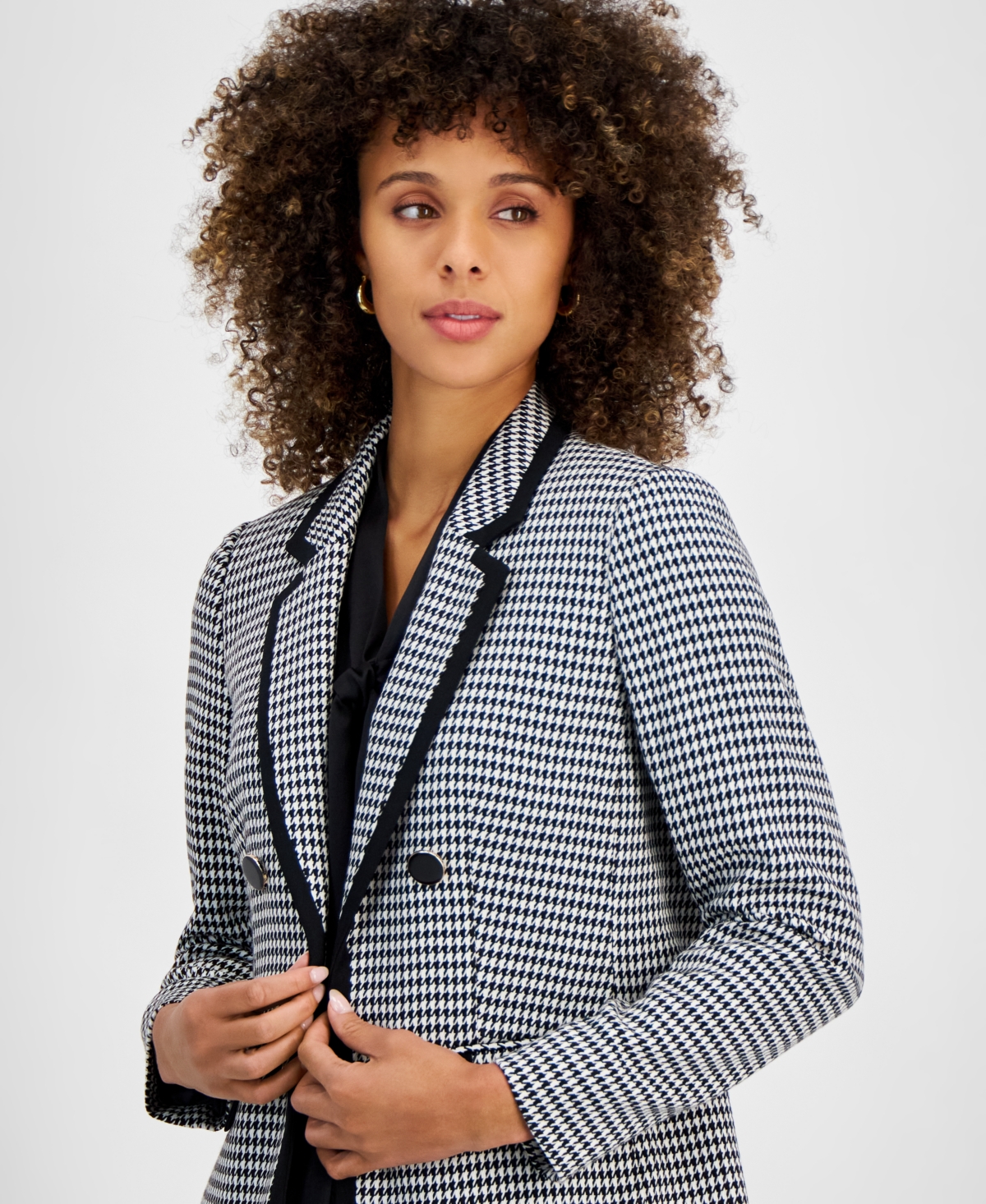 Kasper Women's Faux Double-Breasted Houndstooth Blazer, Regular and Petite Sizes -White